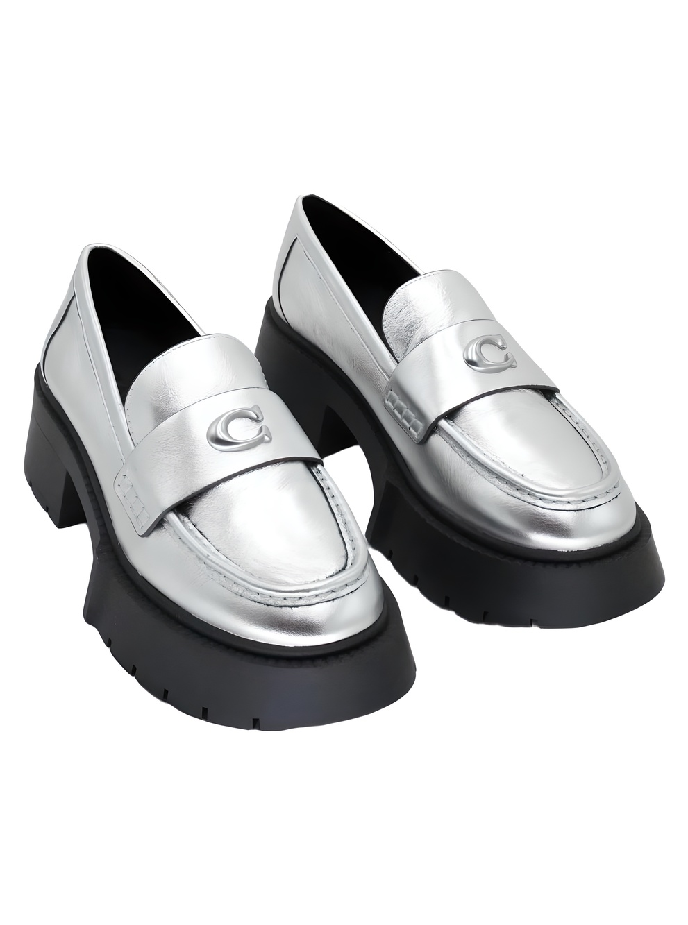 COACH Womens Leah 1.8" Platform Lug Sole Silver Metallic Loafers Size 8M